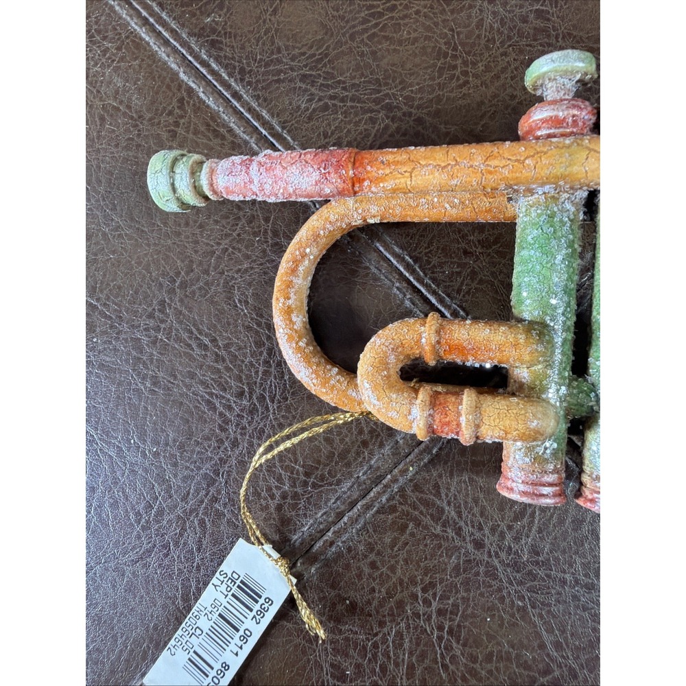 Vintage Style Glitter Trumpet Christmas Ornament Patina Orange Green Musical - Picture 9 of 13